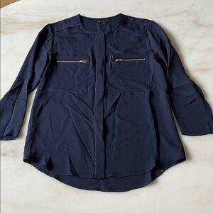 Theory Navy Blouse with Gold Zipper Details